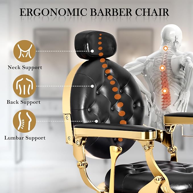 Vintage Barber Chair, Heavy Duty Recline Hair Barber Chair for Barbershop with Removable Headrest, Supports up to 550lbs & 360° Swivel, Professional Salon Beauty Spa Shampoo Equipment, Black Gold