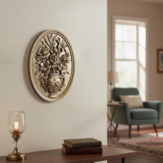 Newinhome Vintage Flower Wall Sculpture, Antique Wall Decor, Hand Painted Wall Decorations with Embossed Flower Design, Antique Pediment, Gold Decor for Living Room Bedroom Hallway, Unique Gifts