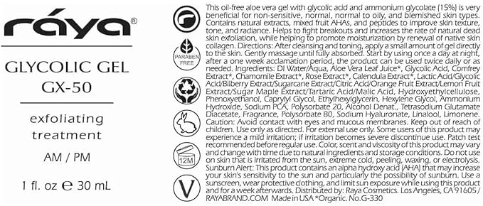 Raya Glycolic Gel GX-50 | Face Exfoliator & Serum | Against-Wrinkle Facial Serums with AHA for Oily & Break-Out Skin | Clears Blemishes, Reduces Oiliness & Fine Lines