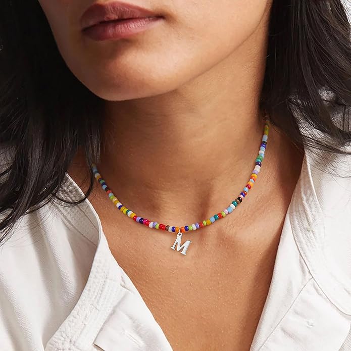 Yoosteel Christmas Gifts for Teen Girls Grandkids - Colorful Beaded Initial Necklace for Girls Jewelry A-Z Letter Choker Necklace Birthday Gifts Stocking Stuffers for Teenage Girl Women Gifts