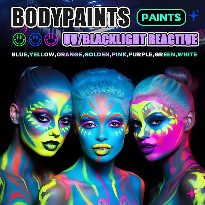 Go Ho UV Blacklight Neon Orange Face Body Paint,Water Based Bright Color Neon Fluorescent Body Paint with Cushion Applicator,Glow In The Dark Under UV Lighting Party Halloween Makeup Washable