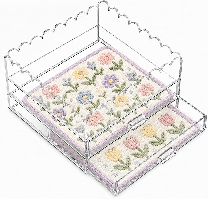 Scalloped Clear Acrylic 2-Drawer Organizer, 9" x 9" Clear Acrylic Tray for Needlepoint,Jewelry,Insert Photos, Art, Fabric, Napkin and Messages Display Basket, Decorative Tray Gift for Home Decor