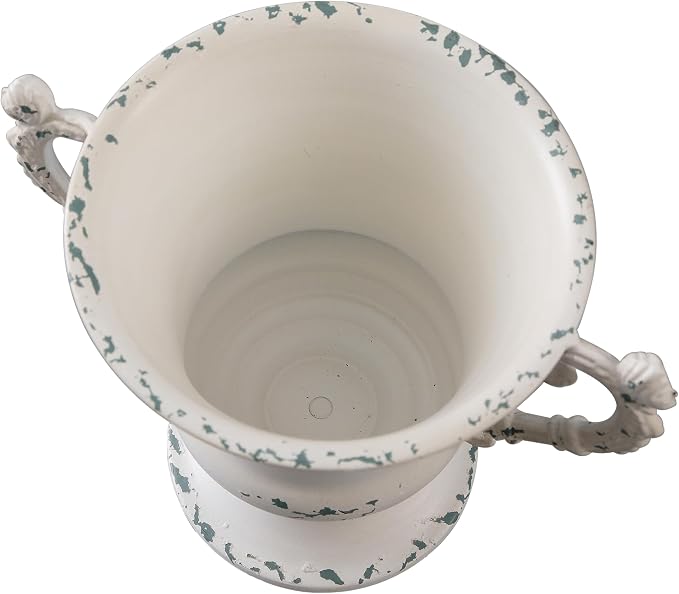 SOFE Distressed White Metal Vase, Decorative Flower Vase 7 Inch Tall | Small Urn Planter for Wedding Home Decor, Ideal Shelf Decor, Living Room Dining Room, Kitchen Office Table Centerpieces