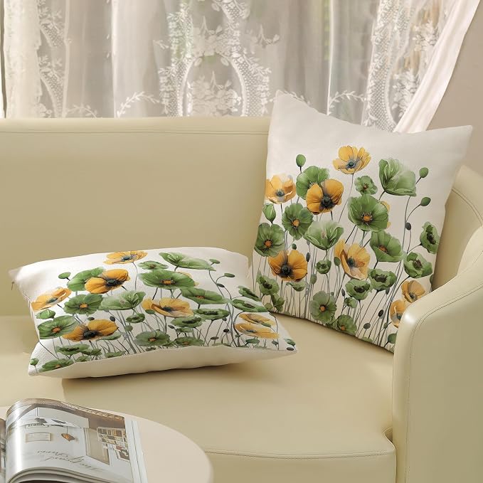 Spring Floral Pillow Covers 18x18 Set of 2 Yellow Green Flower Decorative Throw Pillow Cover Decoration Summer Seasonal Pillowcase Farmhouse Decorative Cushion Cover For Home Sofa Outdoor Decor