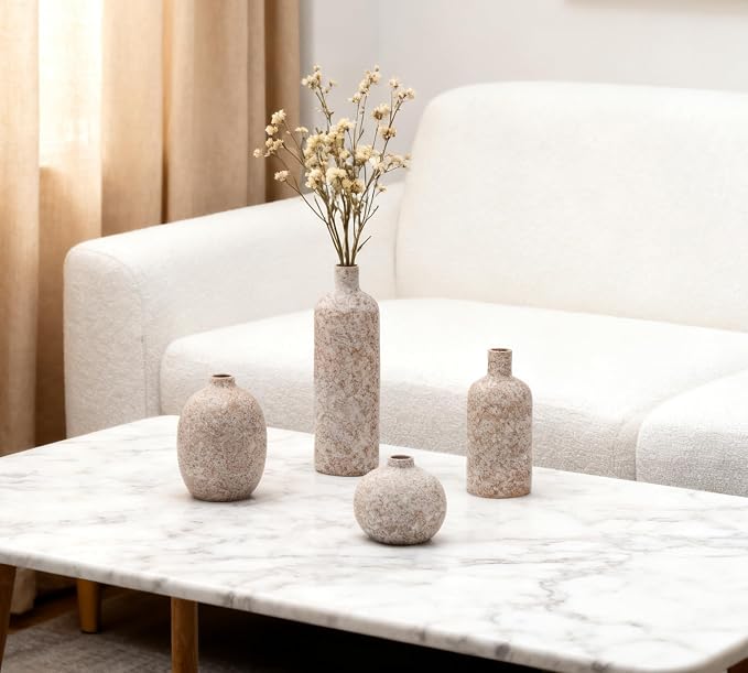Ceramic Vase Set of 4, Classic Stone Style Small Vases Home Decorations for Table Shelf Office Centerpieces Decor