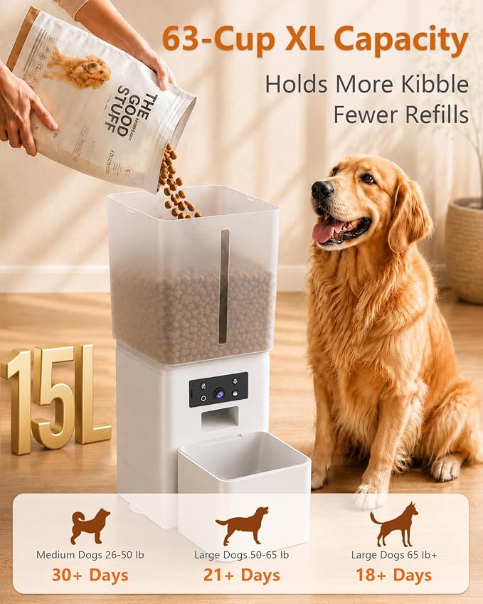 Automatic Dog Feeder Large Breed: 15L/63 Cup Capacity for Kibble up to 22mm | Anti-Clog Slow Feeder with Elevated Stand, Featuring HD Camera with WiFi and Easy App Scheduling by Yakry