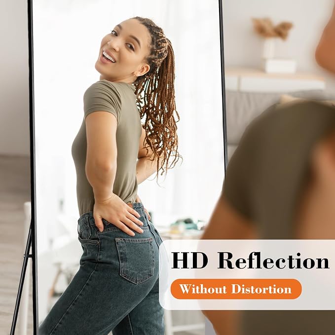 DUMOS 63"x20" Full Length Floor Mirror, Full Body Mirror | Free Standing or Wall Mount, Nano Glass Aluminum Frame, Hanging or Leaning, Modern Simple Home Decor, Gold