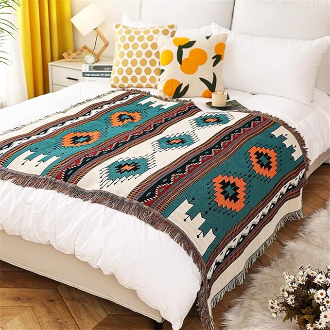 Homesy Aztec Throw Blanket Native Southwestern Bed Blankets 63"x87" Green | Southwest Decor,Boho Style,Sofa Chair Cover,Outdoor Beach Car Tent Travel Camping Use,Tapestry,Reversible and Tassels