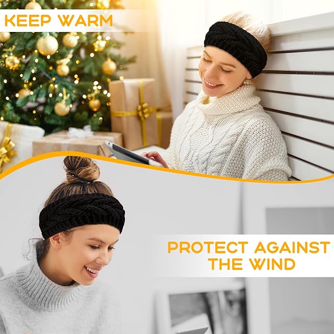 4 Pieces Winter Ear Warmers Headbands Women Warm Knitted Headband Braided Crochet Head Wraps for Girl (Black)
