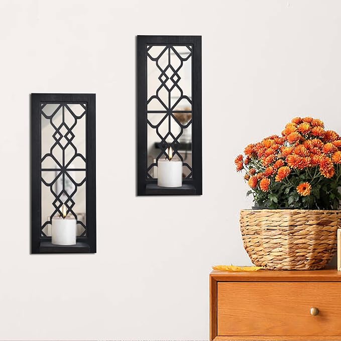 ZEXUIRU 2 Set Rustic Candle Sconces Living Room Bedroom Entryway Wood Mirrored, Farmhouse, Carved Frame Wall-Mount Wooden Candle Holders Wall Decor Hanging Handmade Holder - Black
