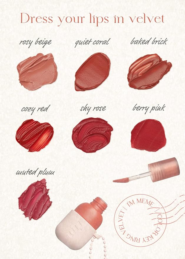 I'M MEME Color Key Ring Velvet Lip Tint - 01 Rosy Beige | Long Lasting Lip Stain, Matte Finish, Smooth Texture, Kbeauty, Cute Korean Makeup, Compact, Portable Keychain, Travel-Friendly, Gift, 2.8g