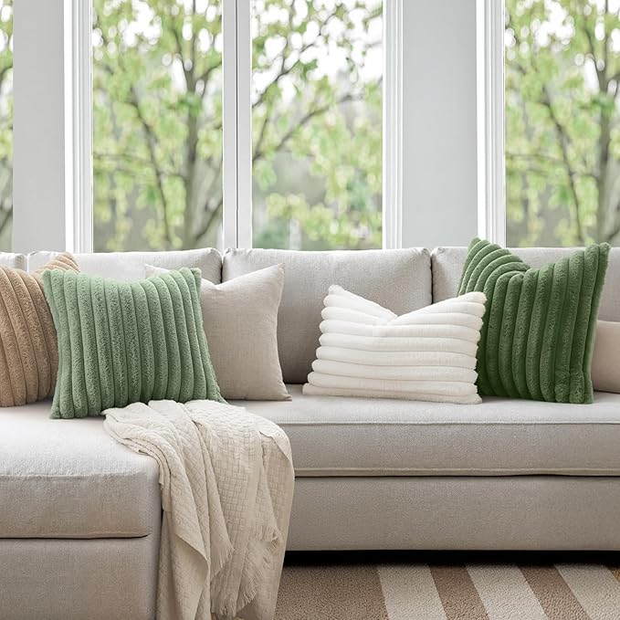 MIULEE Faux Fur Lumbar Throw Pillow Covers 12x20 Set of 2 Sage Green | Modern Soft Plush Couch Pillows, Cozy Fluffy Cushion Covers for Sofa Bed Living Room Home Decor