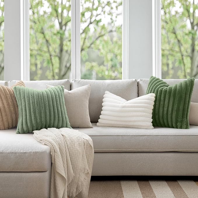 MIULEE Faux Fur Decorative Throw Pillow Covers 20x20 Set of 2 Sage Green | Modern Soft Plush Couch Pillows, Cozy Fluffy Cushion Covers for Sofa Bed Living Room Home Decor