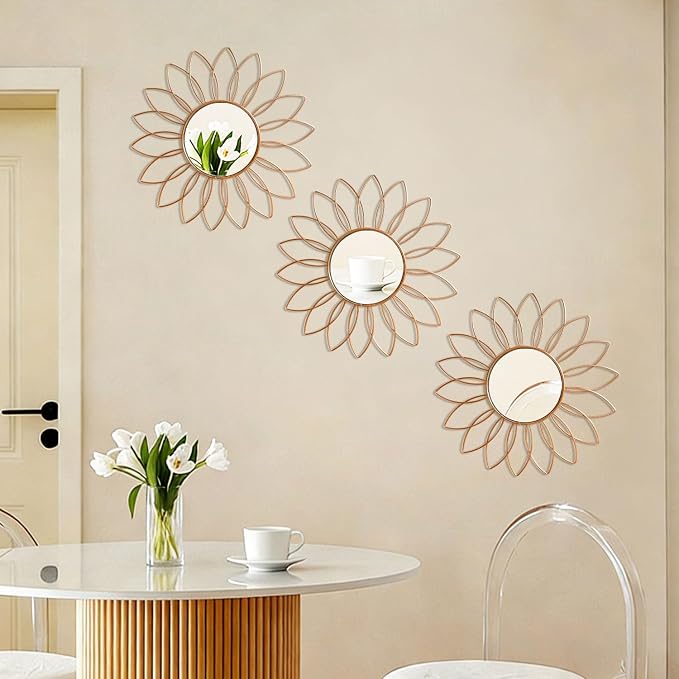 3 Pack Metal Mirrors for Wall Sunburst Wall Mirrors Home Décor Decorative Hanging Wall Art for Living Room Bedroom Entryway (Rose Gold2, Flowers)
