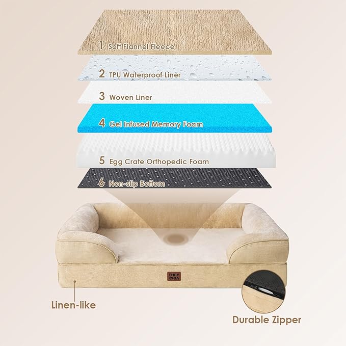 EHEYCIGA Orthopedic Dog Beds Large Sized Dog, Waterproof Washable Pet Bed | Non-Slip Bottom and Egg-Crate Memory Foam XL Dog Couch Bed with Washable Removable Cover, Greige, 41Inch