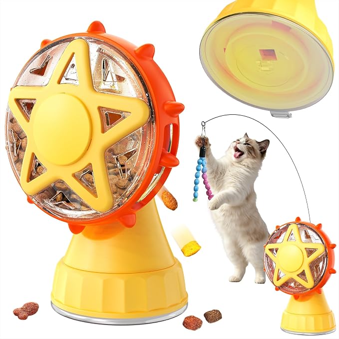 HCY&WLD 2-in-1 Cat Toys Food Dispenser & Teaser Interactive Toys (Yellow) | Multi-Play Puzzle Toy For Indoor Cats, Kitten Slow Feeder, Adjustable Treat Dispensing, Mental Stimulation, Boredom Buster