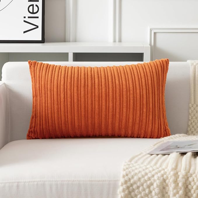 UGASA Fall Velvet 12x20 Inch Lumbar Soft Throw Pillow Cover Boho Farmhouse Decorative Corduroy Striped Both Sides Solid Rectangular Cushion Case for Couch Bedroom Sofa Home, 1 Piece, Dark Orange