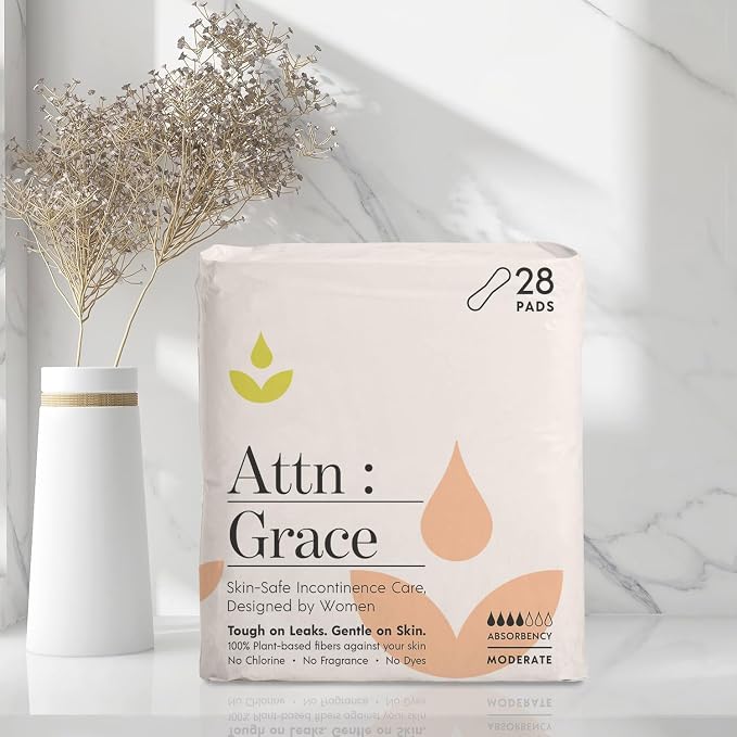 Attn: Grace Moderate Incontinence Pads for Women, 2-Pack (56 Pads Total / 28 per Pack) - Plant-Based, High Absorbency, Breathable - Incontinence Pads for Moderate Bladder Leaks & Sensitive Skin
