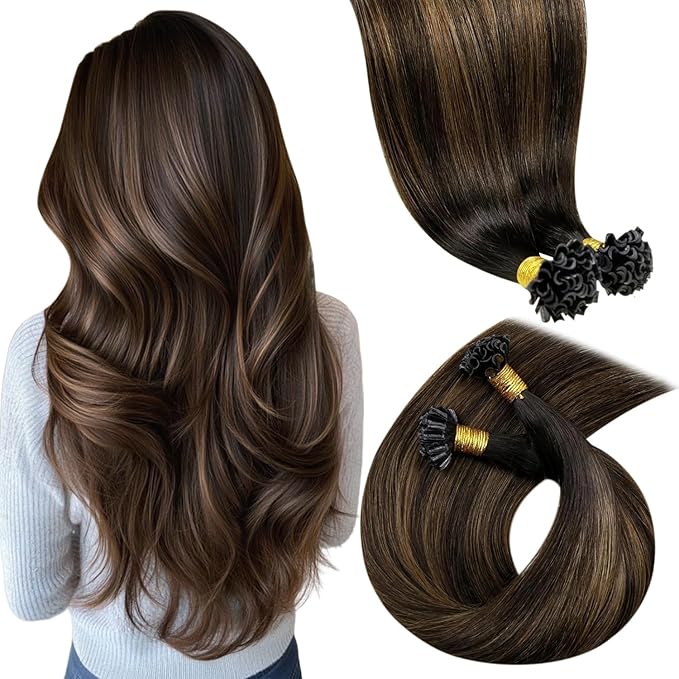 LaaVoo U Tip Hair Extensions Balayage Dark Brown to Medium Brown Ktip Human Hair Extensions 16 Inch 50g 50s