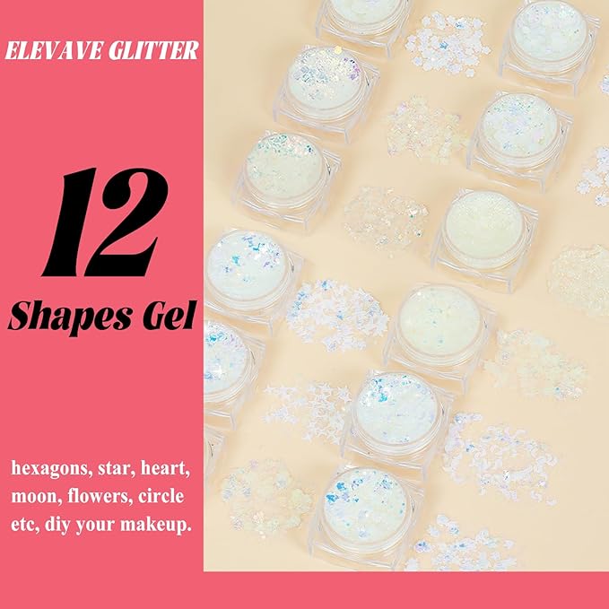 Body Glitter Face Glitter, Hair Glitter for Kids, 12 Shapes Fine Chunky Glitter Gel for Women Girls Makeup Sparkles Party Mermaid Sequins Rave Accessories Festival (White-Gold-Pink-Silver-Blue-Red)