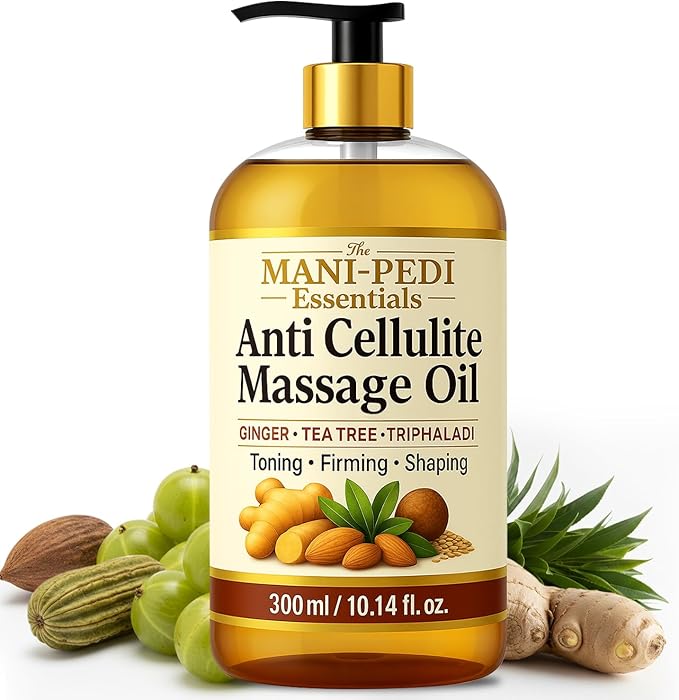 Anti Cellulite Massage Oil with Ginger Oil, Tea-Tree Oil & Natural Herbs for Toning, Firming & Shaping. 100% Natural Ingredients, Non-Sticky Texture - 10 Fl Oz