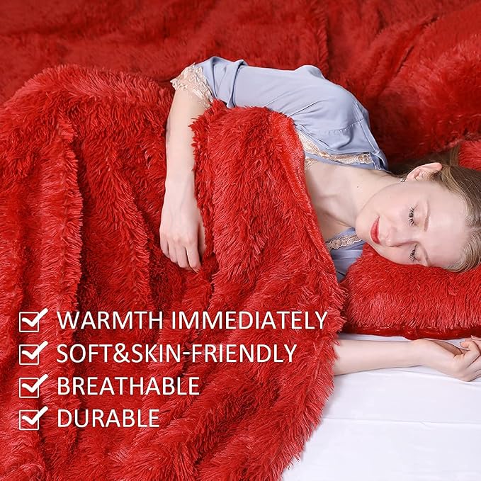 YUSOKI Long Faux Fur Twin Size Blanket, Red, 60" x 80" | Ultra Soft, Lightweight for All Season Use, stays fluffy after repeated washes, Perfect Gifts, Machine Washable