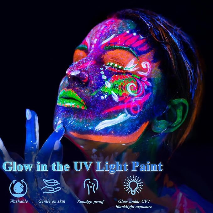 Glow in the UV Light Paint, Non-Toxic Neon Face Paint, Washable & Compact Glow Face Paint for Halloween, Cosplay, Party 12 PCS