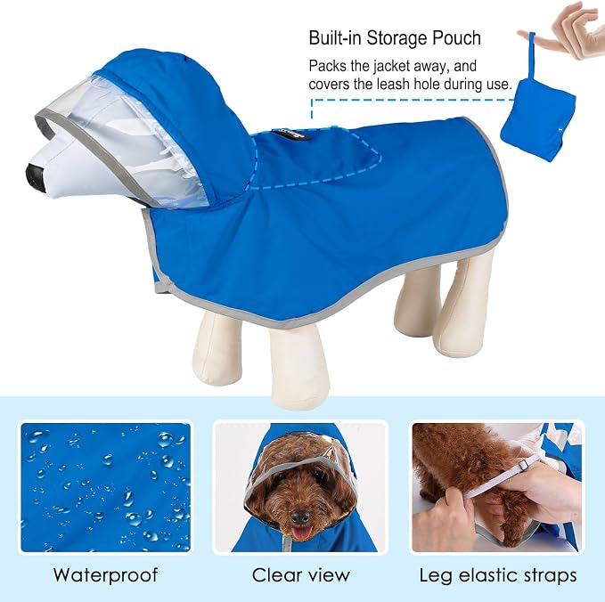 Lukovee Dog Raincoat, Waterproof Rain Jacket, Clear Hood & Reflective Rim | Easy On Off Adjustable Straps, Leash Hole, Soft Mesh Lining, Storage Pocket, Poncho for Small Medium Large Dogs (BL,M)