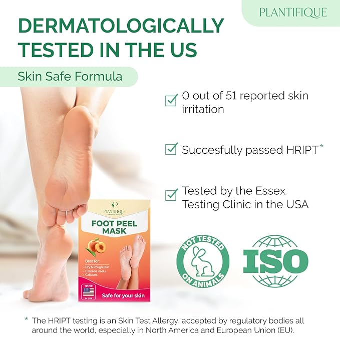 PLANTIFIQUE Foot Peeling Mask 4 Pack | Dermatologically Tested Repairs Heels & Removes Dry Dead Skin for Baby Soft Feet | Exfoliating Foot Peel Mask for Dry Cracked Feet | Peach