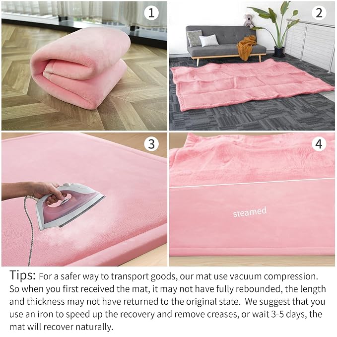 Huloo Sleep Ultra Soft Baby Play Mat for Floor, 1.3" Thick Elasti-Foam 65x50 Play Mat for Playpen,Water-Repellent Coral Velvet for Tummy Time, Non-Slip Backing,Safe for Toddlers & Infants（Pink）