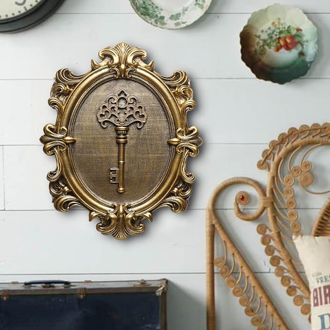 Vintage Key Wall Sculpture, Antique Wall Decor,Retro Hallway Wall Art,Hanging Decoration with Embossed Key Design, Oval Aesthetic Room Decor, Vintage Decoration for Living Room Bedroom Gallery,Unique Gifts