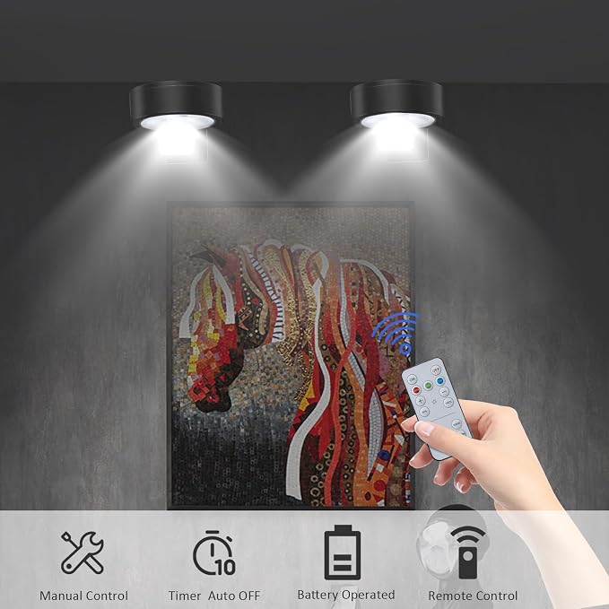 3Pcs Battery Operated Picture Light, Magnetic Painting Light with Remote, Dimmable Timer Art Display Light with 3 Light Modes for Dartboard Frame Picture Portrait,Wireless Wall Decor Puck Lights