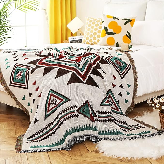 Homesy Aztec Throw Blanket Native Southwestern Bed Blankets 63"x87" White | Southwest Decor,Boho Style,Sofa Chair Cover,Outdoor Beach Car Tent Travel Camping Use,Tapestry,Reversible and Tassels