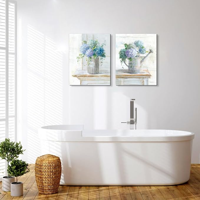 Blue Hydrangea Bathroom Wall Art 2 pcs Farmhouse Rustic Flower Art Botanical Floral Posters Paintings Framed Artwork for Dining Room kitchen Bedroom Living Room 12"x16"
