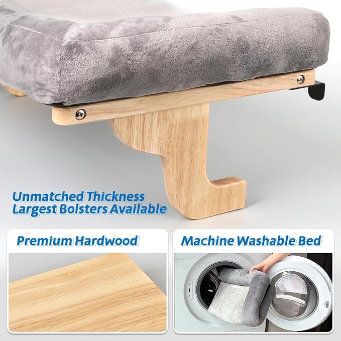 Zakkart Cat Perch for Window Sill with Bolster - Orthopedic Hammock Design with Premium Hardwood & Robust Metal Frame - Cat Window Seat for Large Cats - Natural Color Wood Gray Bed, 26.4''W