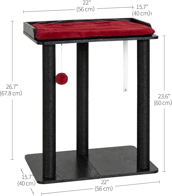26.7in Large Cat Tree Tower Condo, Cat Scratch Posts for Indoor Cats, Big Plate, Three 23.6in Full Sisal Scratching Posts, Black&Red