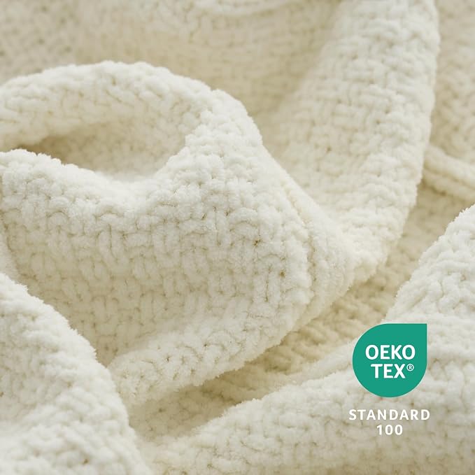 Chenille Throw Blanket for Couch, Soft Cozy Chunky Knit Blanket, Moss Stitch Throw for Sofa, Bed, Living Room, Lightweight Warm Home Decor, Cream White 60"x80"
