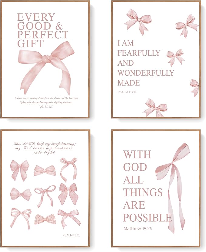 LARTSFRO Coquette Pink Bow Wall Art Decor Posters, Blush Pink Bow Room Bedroom Bathroom Dorm Wall Art Decor Aesthetic for College Teen Girls Gifts, Inspirational Bible Verses Bow Wall Decor, 12x16 Inch Set of 4 Pcs Bow Pictures (UNFRAMED)