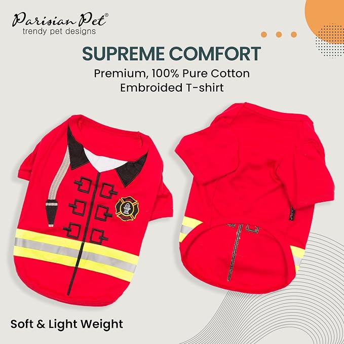Parisian Pet Dog Costume - 100% Cotton Firefighter Dog Clothes for Large Dogs - Lightweight Puppy Outfits - Funny French Bulldog Clothes - Sleeved Red Shirt for Dogs - Stretchy Pet Costume