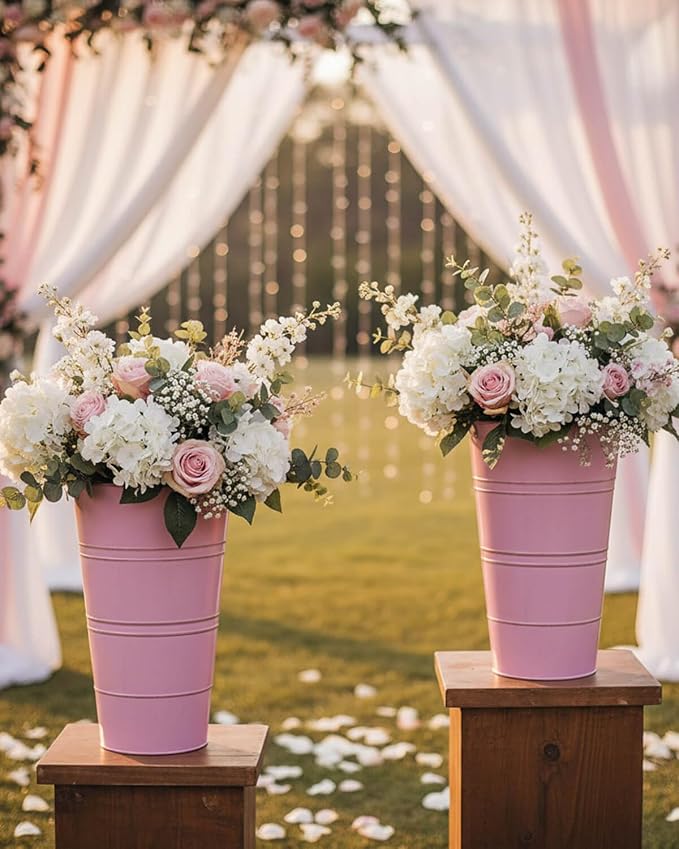 12 Inch Galvanized Metal Vase, 2 Pack Tall Flower Buckets with Handles | Galvanized metal flower buckets with handles, rustic tall vase design for dried flowers, weddings, farmhouse and home decor.