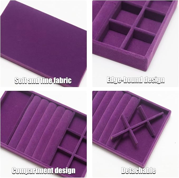Velvet Jewelry Trays for Drawers, Purple 3-in-1 | Stackable Jewelry Drawer Organizer, Ring Earring Necklace Bracelet Organizer Storage Display Tray with Removable Dividers