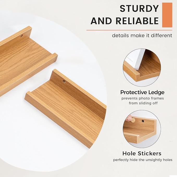 Picture Ledge Shelf, Floating Shelves for Wall, 32" W Set of 2, Oak | FSC Certified Engineered Wood, Wall Mounted Bookshelf, for Nursery Living Room Bedroom, Pre-Drilled, Easy Install