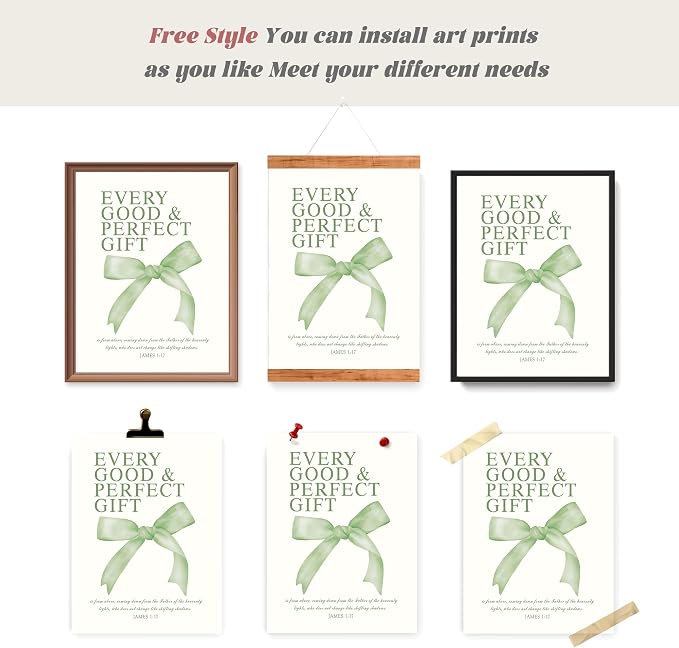 LARTSFRO Coquette Sage Green Bow Wall Art Decor Posters, Sage Green Bow Room Bedroom Bathroom Wall Art Decor Aesthetic for Teen Girls Gifts, Inspirational Bible Verses Bow Wall Decor, 12x16 Inch Set of 4 Bow Pictures Unframed