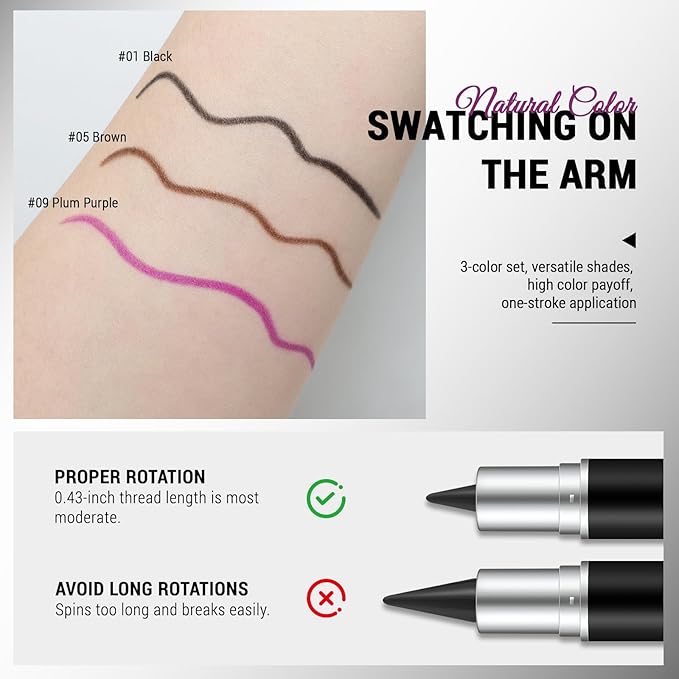 Noerrors 3pcs Black Brown Plum Matte Gel Eyeliner Pencil Set, Waterproof Smudge Proof Smoky Waterline Eyeliner Crayon for Winged Liner Goth Makeup, Cream delineador de ojos&Eyeshadow for Older Women