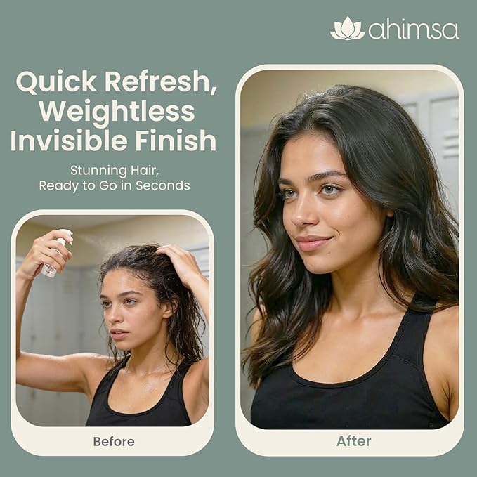 Ahimsa Non Aerosol Dry Shampoo Mist Spray, No White Residue Dark Hair Post Workout Dry Shampoo for Sweat, Oil & Odor Control - Cruelty Free - Vegan - Liquid & Quick Dry, Jasmine Scent (4oz)