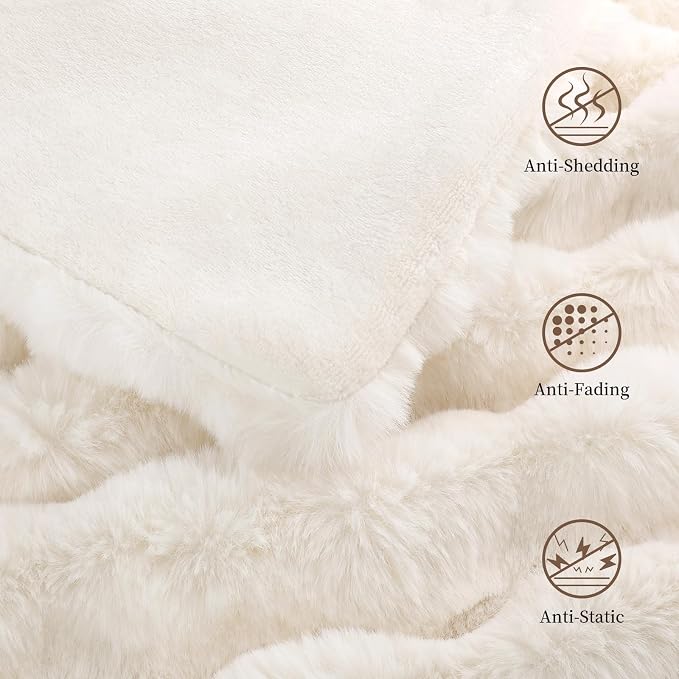 Faux Rabbit Fur Throw Blanket for Couch, Cream White Throw Blankets 50"x60" | Cozy Reversible Fluffy Throw, Luxury Plush Thick Bubble Blanket, Mothers Gifts for Women, Soft Warm for Bed, Home Decor