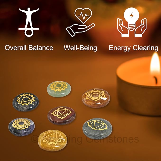 Amazing Gemstone 7 Chakra Set Reiki Healing Crystal with Engraved Chakra Symbols - Chakra Balancing Polished Palm Stones Set with Velvet Pouch