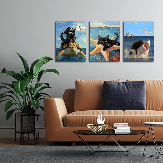 Framed Black Cat Wall Art Funny Cat Shark Turtle Starfish Canvas Wall Decor Ocean Abstract Black Cat Posters Pictures Print for Bedroom Living Room Bathroom 12x16 In