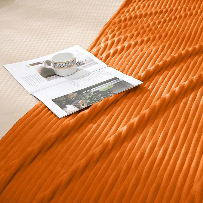 Vessia Flannel Fleece Queen Size Blanket for Bed,Couch,Sofa(90x90 inch), 300GSM Microfiber Burnt Orange Striped Bed Blanket for Adults, Super Soft Warm Cozy Lightweight Ribbed Decor for All-Season