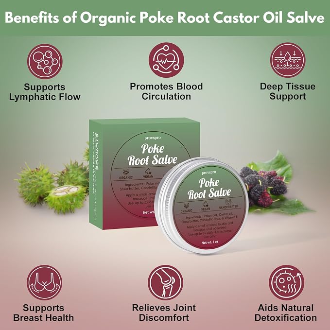 Poke Root & Castor Oil Salve for Lymphatic Massage, Vegan Herbal Balm for Breast, Neck, Underarm & Joint Care, Deep Tissue Massage Ointment for Relaxing Self Care & Skin Moisturizing, 1oz